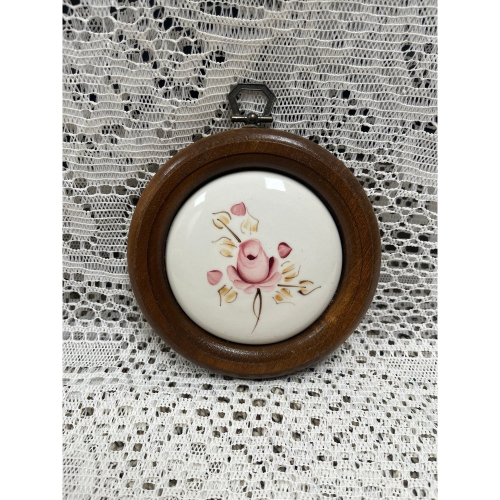 Vintage Round Rose Ceramic Wall Hanging Plaque Hand Painted 5" cottage core